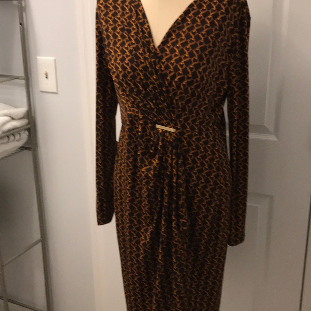 Michael Kors Brown Wrap Tie Front Long Sleeve Dress